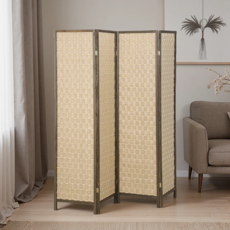 HOMCOM 6 FT Room Divider, 4 Panel Folding Privacy Screen, Lightweight Handwoven Freestanding Partition for Home Office, Brown