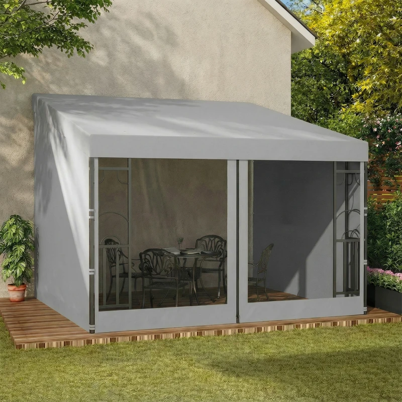 Outsunny 10' x 10' Wall Pergola, Outdoor Gazebo with 2 Curtains and 2 Nettings, UV Resistant, for Patio, Deck, Light Grey