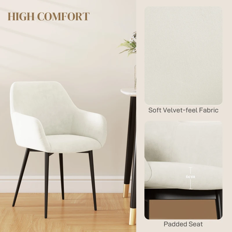 HOMCOM Dining Chairs Set of 2, Velvet-look Fabric Upholstered Kitchen Chairs with Backrest, Armrests and Steel Legs, Cream White