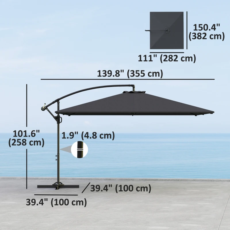 Outsunny Rectangular Cantilever Parasol 111" x 150.4", Outdoor Garden Umbrella with Adjustable Tilt, UV Protection UPF50+, Grey