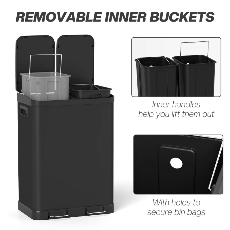 HOMCOM Kitchen Garbage Bin, 2 x 7.9 Gal (2 x 30 L) Trash Can, Soft-Close Garbage Can with Removable Inner Buckets, Black
