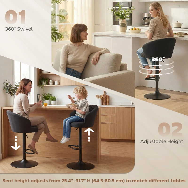 HOMCOM Adjustable Bar Stools Set of 2, Upholstered Kitchen Stools with Swivel Seat, Steel Frame, Footrest, ‎Black