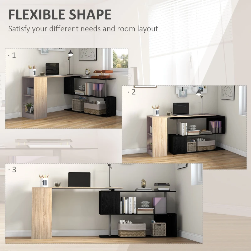 HOMCOM 55" Corner Computer Desk, 360° Rotating L-Shaped Desk, Home Office Workstation with 3-Tier Shelves, Bookshelf