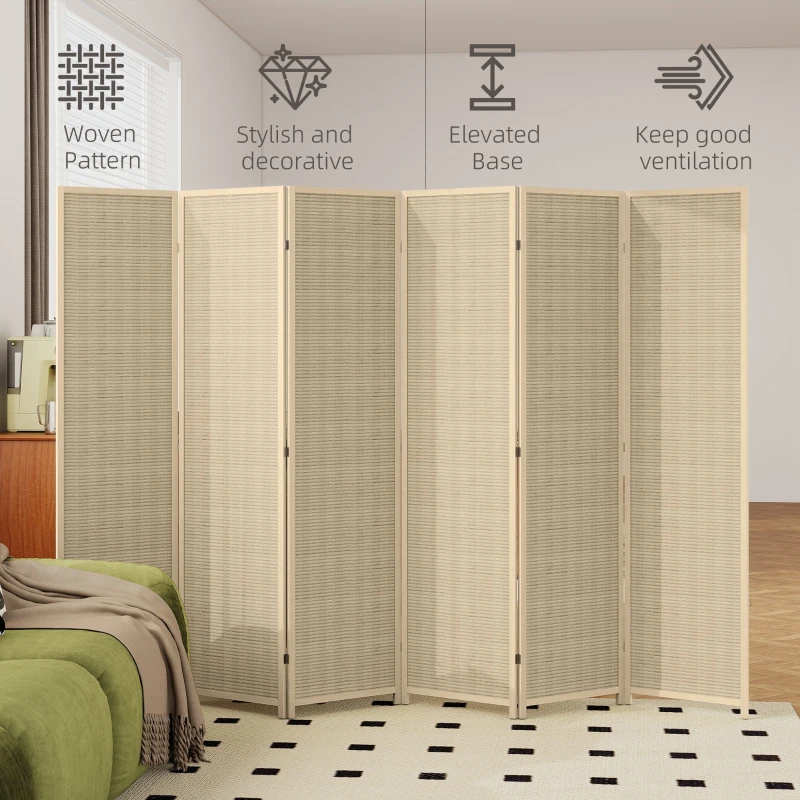 HOMCOM Woven Bamboo Room Divider, 6 Panel Folding Indoor Privacy Screens for Home Office, Natural Wood