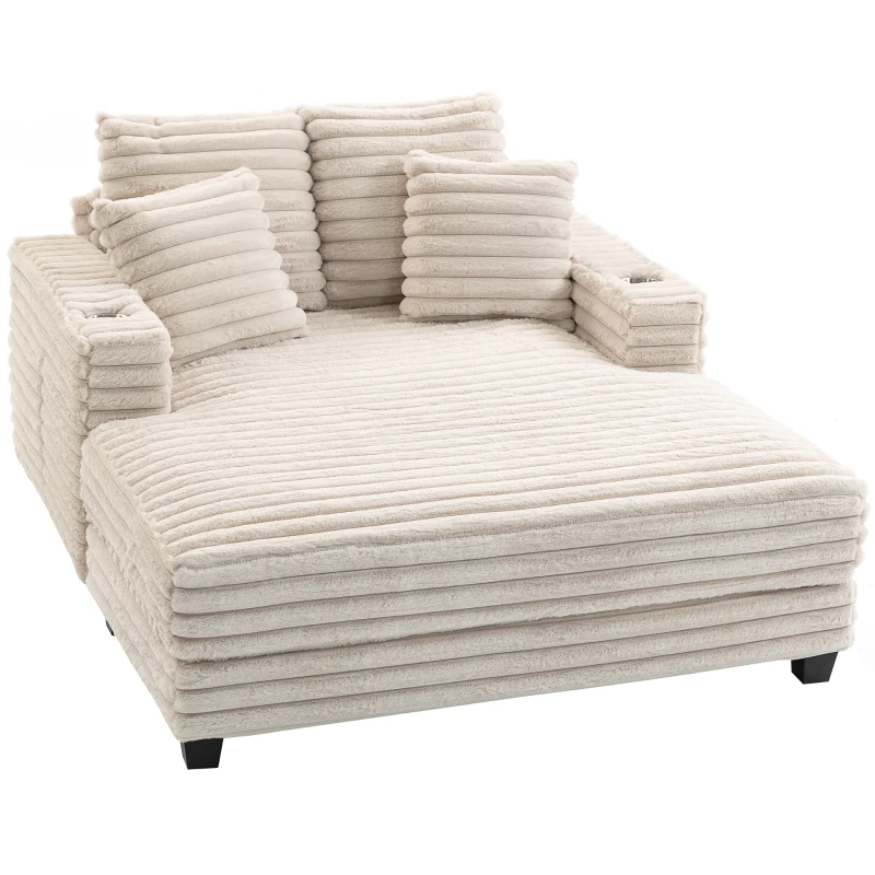 HOMCOM 60" Chaise Lounge Chair, Oversized Upholstered Sofa Bed with Cup Holders & Pillows, Sleeper Couch for Living Room, Beige