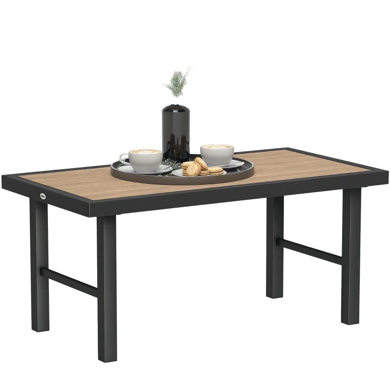 Outsunny Outdoor Side Table with SPC Woodgrain Tabletop, Metal Patio Coffee Table for Outside Garden, Brown