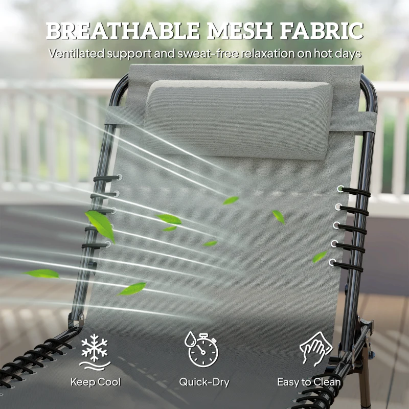 Outsunny Folding Lounge Chair, Adjustable Chaise Lounge with Headrest, Reclining Lounger Cot for Camping, Hiking, Light Grey