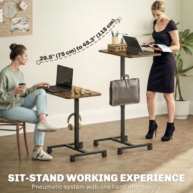 HOMCOM Height Adjustable Standing Desk, Pneumatic Sit Stand Desk with Wheels and Headphone Hook, Rustic Brown