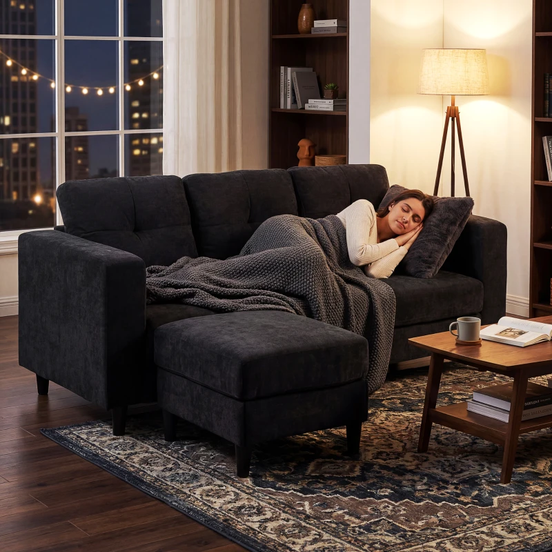 HOMCOM Sectional Sofa, L Shaped Corner Sofa with Changeable Chaise, High-density Foam Padding Seat, Linen Fabric, Wooden Legs, Black