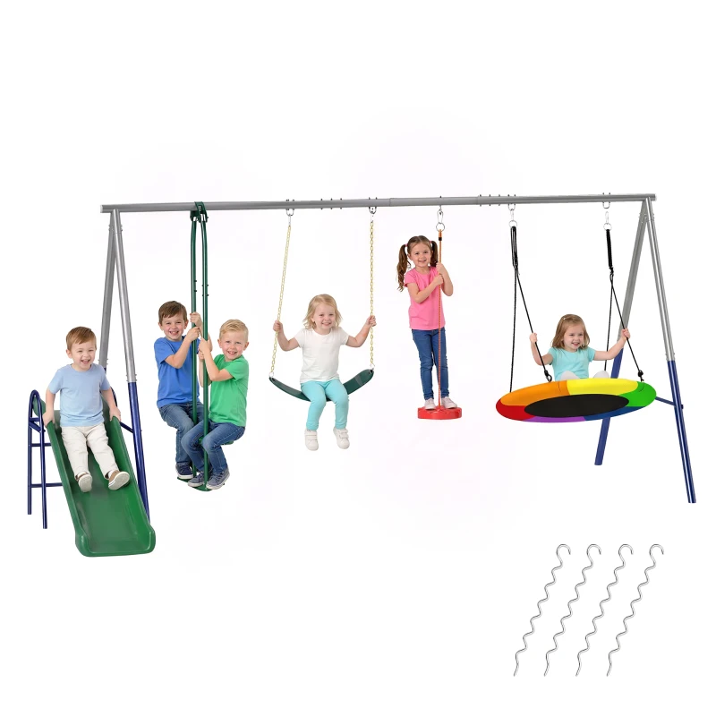 Qaba 5-in-1 Kids Swing Set with Slide, Swings and Glider for Backyard, 770lbs Capacity, for Ages 3-8, Mixed Color