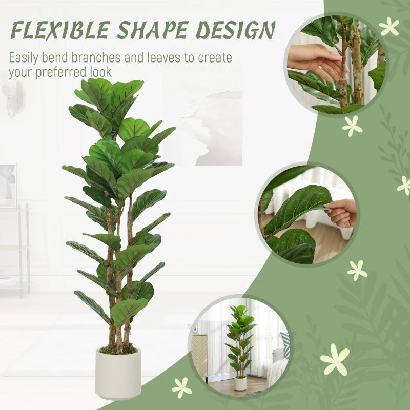 HOMCOM 4FT Artificial Fiddle Leaf Fig Tree Set of 2, Fake Potted Tree with Solid Wood Trunks for Indoor Decor, Green