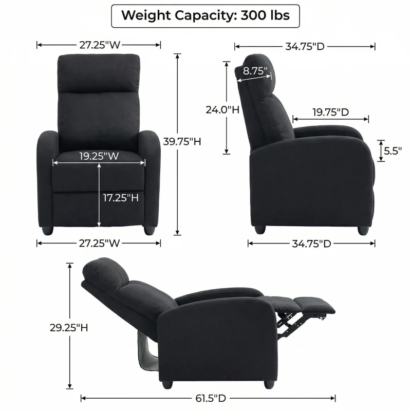 HOMCOM Single Recliner Sofa, Manual Home Theater Seating, Single Reclining Sofa Chair with Padded Seat for Living Room, Black