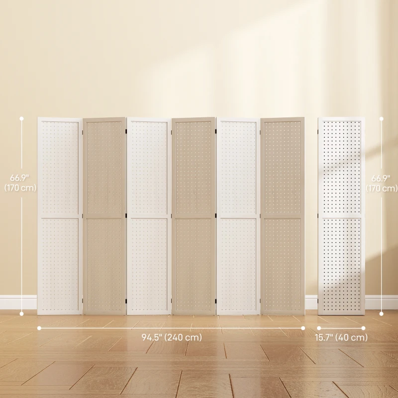 HOMCOM 5.6 Ft. Tall 6-Panel Room Divider, Pegboard Panel Folding Privacy Screen, Partition Wall Divider for Bedroom, White