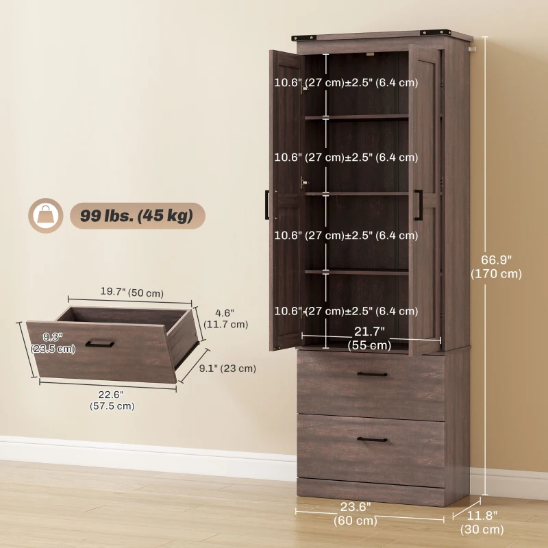 HOMCOM 67" Tall Kitchen Pantry Storage Cabinet, Kitchen Pantry Cabinet with Doors, Drawers and Adjustable Shelves