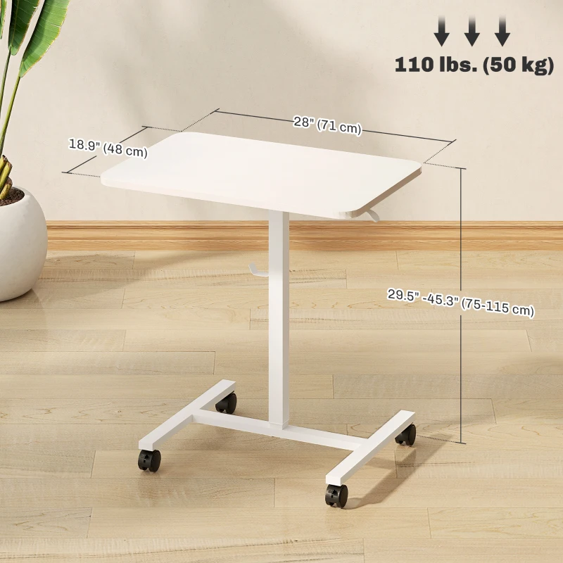 HOMCOM Height Adjustable Standing Desk, Pneumatic Sit Stand Desk with Wheels and Headphone Hook, White Wood Grain