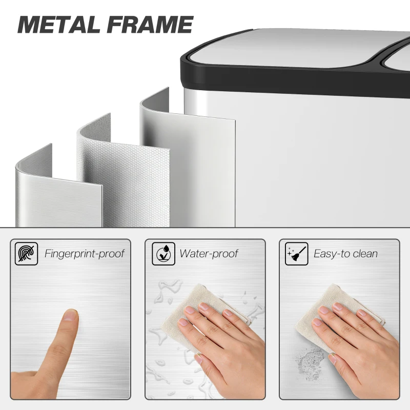 HOMCOM Kitchen Garbage Bin, 2 x 7.9 Gal (2 x 30 L) Trash Can, Soft-Close Garbage Can with Removable Inner Buckets, Silver