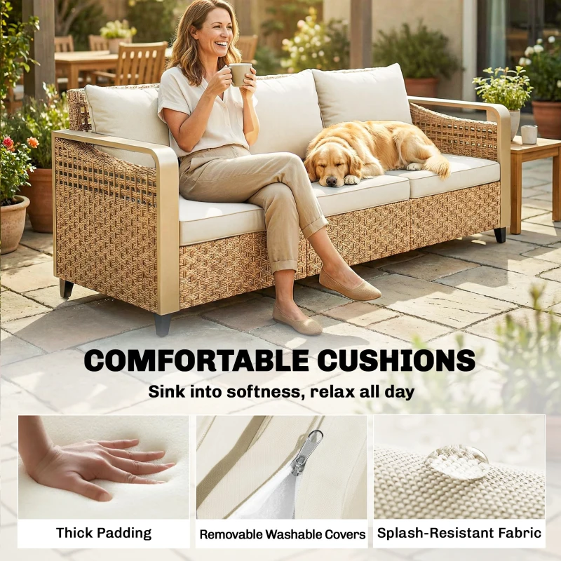 Outsunny Rattan Wicker Sofa 3-Seater Outdoor Patio Sofa with Cushions for Garden Backyard Porch Beige