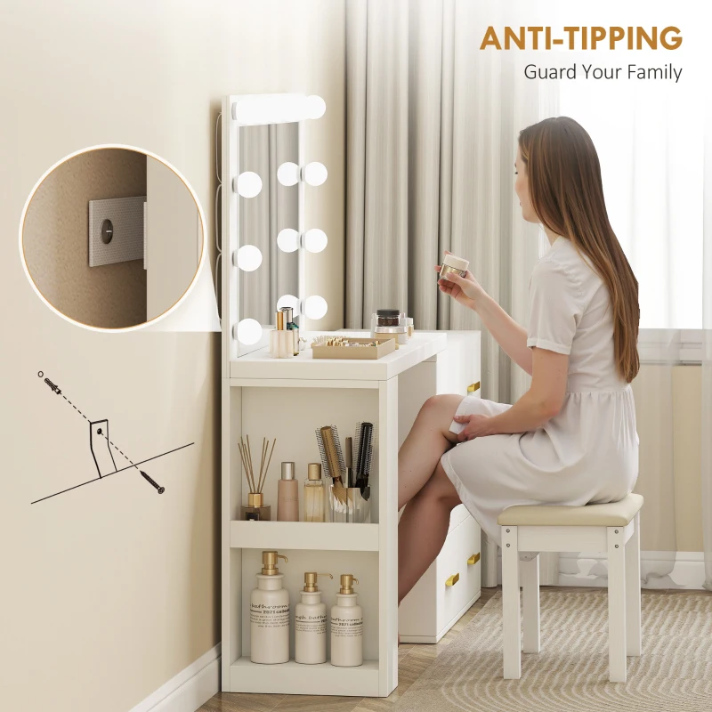 HOMCOM Vanity Desk with Mirror and 12 LED Lights, Makeup Table w/ Power Outlet, 3 Light Colour, 6 Drawers and 2 Shelves, White