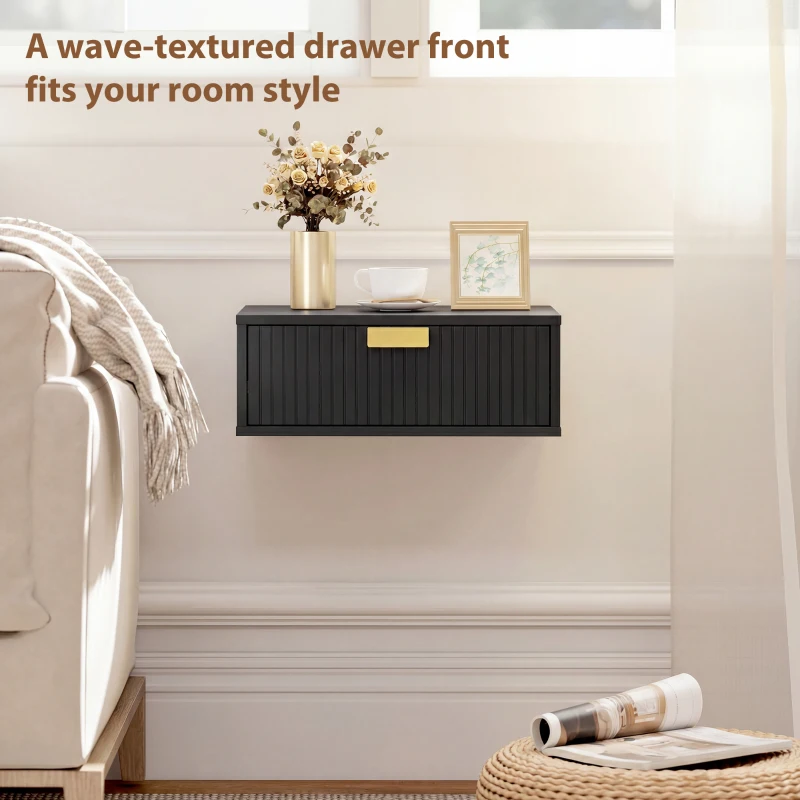HOMCOM Modern Floating Nightstands Set of 2, Wall Mounted Bedside Tables with Wave Drawer Black