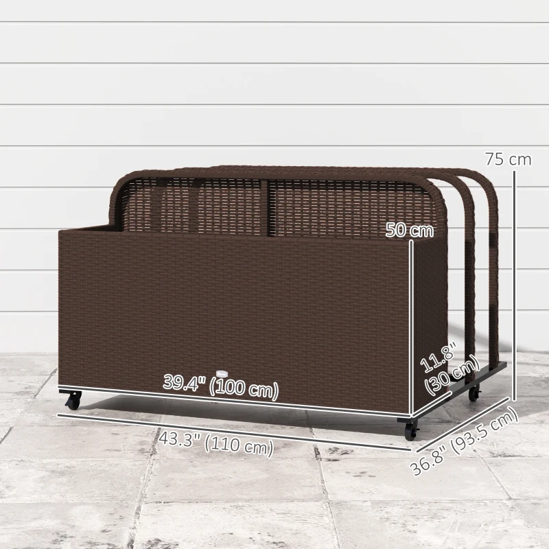 Outsunny Rolling Pool Storage Rattan Patio Furniture Outdoor Storage Wicker Organizer for Floats, Paddles, Balls, Towels, Brown