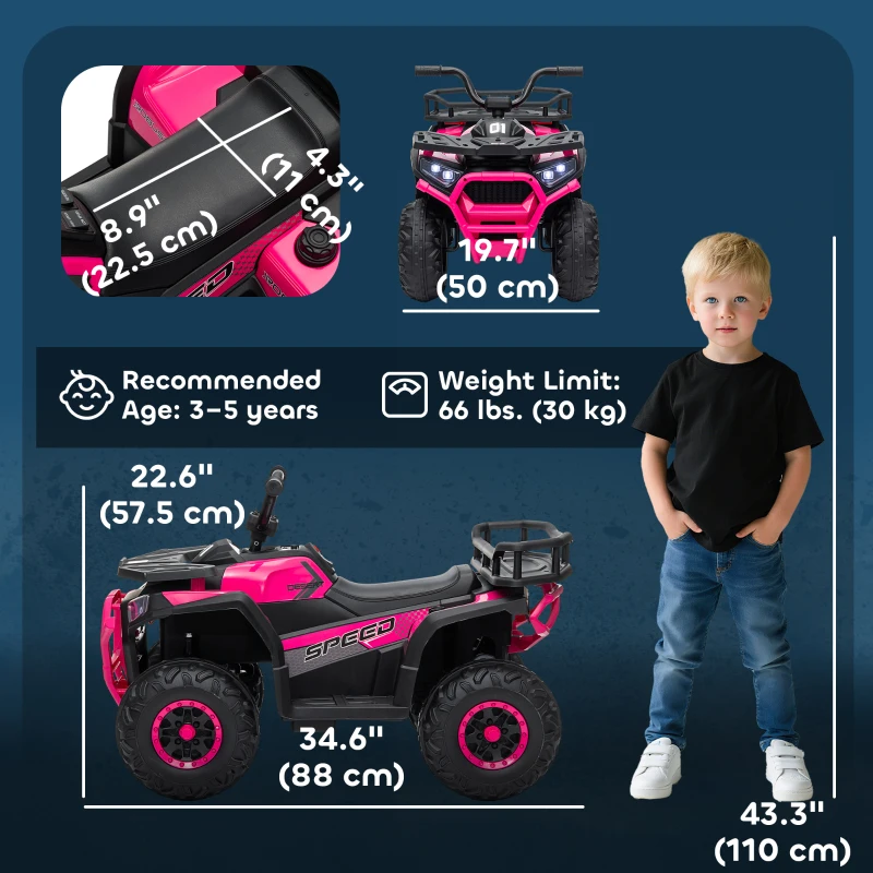 Qaba Kids ATV, 12V Battery Powered Electric Ride on Toy w/ Spring Suspension, Storage Basket, High & Low Speed, Pink