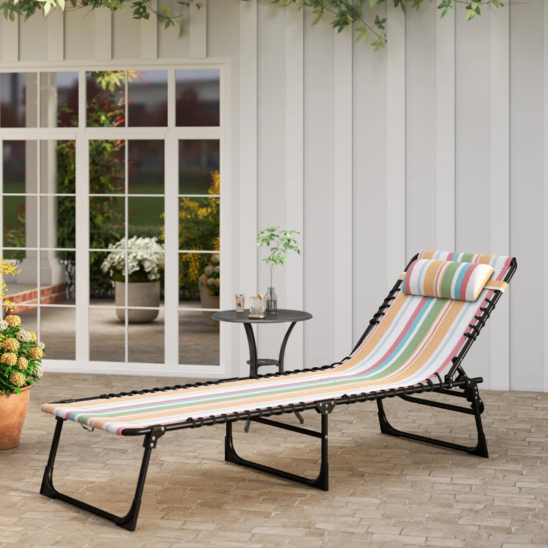 Outsunny Folding Chaise Lounge Pool Chair with 4-Position Reclining Back, Pillow, Breathable Mesh & Bungee Seat, Rainbow Striped