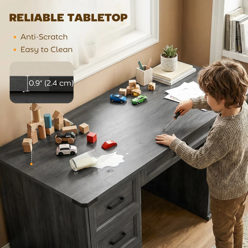 HOMCOM 55" Computer Desk with 7 Drawers, Farmhouse Executive Desk for Home Office, Study, Bedroom, Black Wood Grain