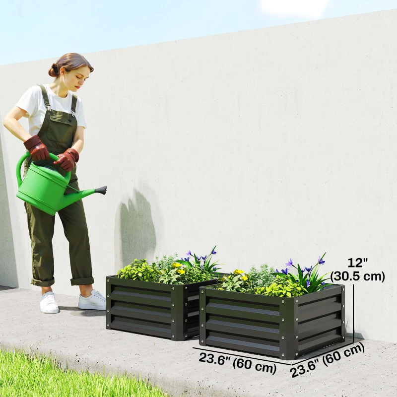 Outsunny 2' x 2' x 1' 2-Pieces Raised Garden Bed w/ Galvanised Steel Frame for Vegetables Flowers Herbs, Black