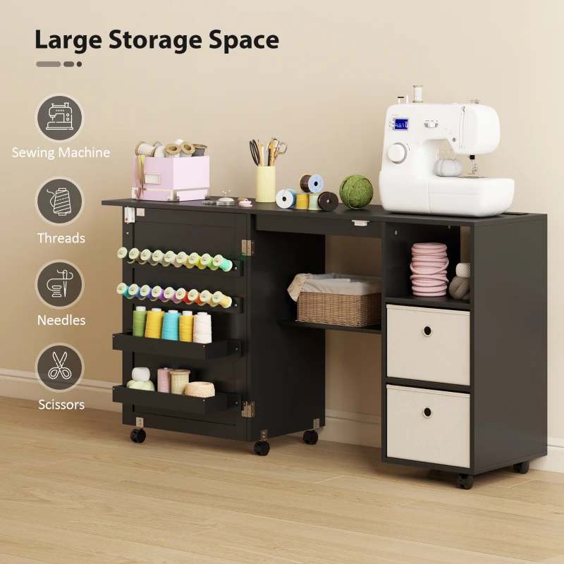 HOMCOM Rolling Sewing Machine Table with Power Outlet, Folding Craft Table with 2 Fabric Drawers, 2 Bins and 18 Pegs, Black