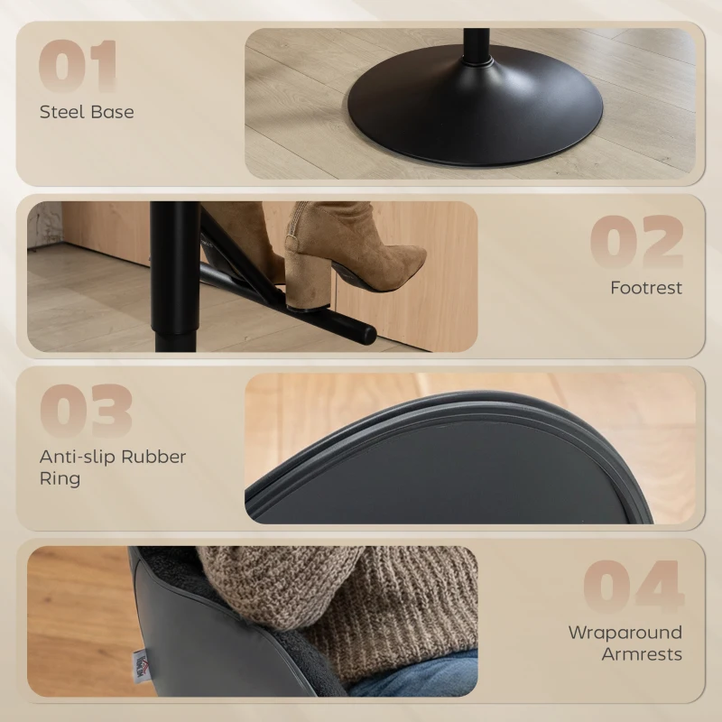 HOMCOM Bar Stools Set of 2, Swivel Counter Height Barstools with Back, Footrest, Armrests, Adjustable Height, Black