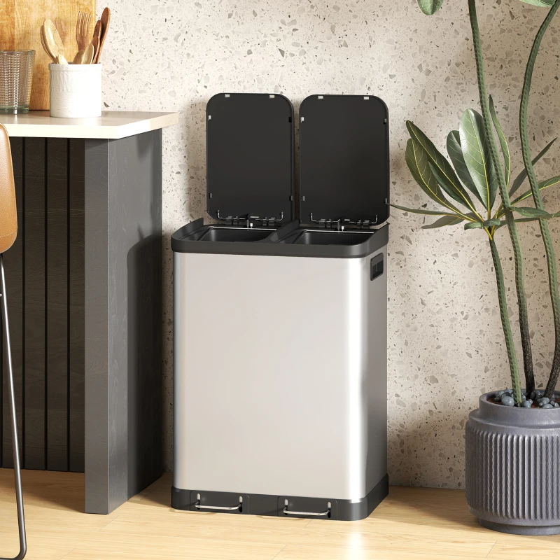 HOMCOM Kitchen Garbage Bin, 2 x 7.9 Gal (2 x 30 L) Trash Can, Soft-Close Garbage Can with Removable Inner Buckets, Silver