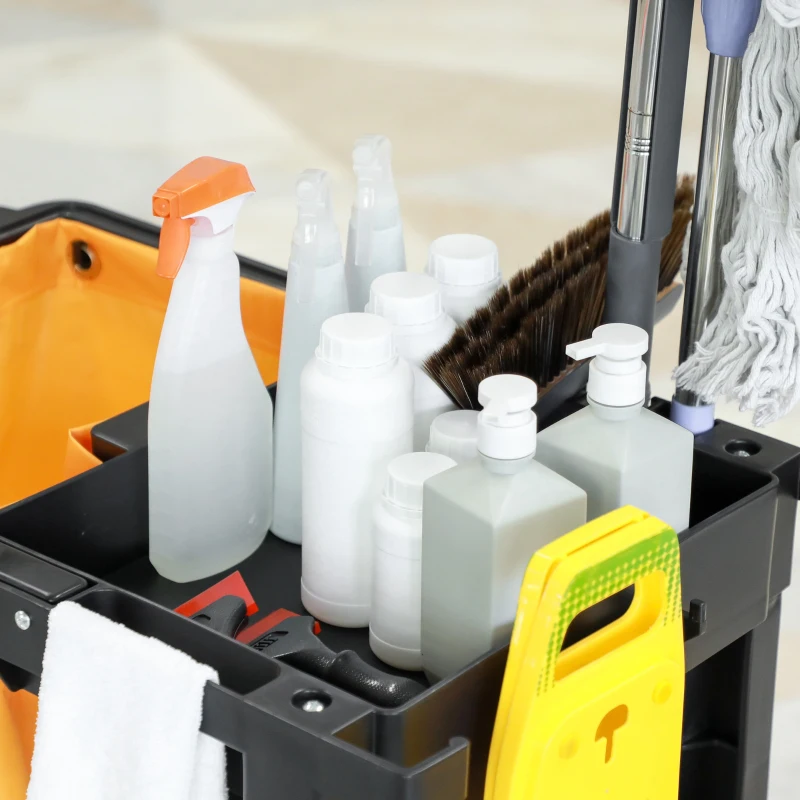 HOMCOM Janitorial Cart with 3 Shelves, Cleaning Cart on Wheels with Rubbish Bag and Mop Holders for Hotel, Housekeeping, Black