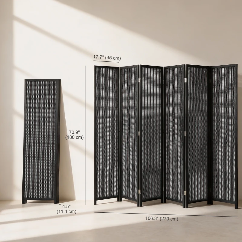 HOMCOM Folding Privacy Screen, 6 Panel Room Divider, Freestanding Partition with Handwoven Bamboo and Pine Wood Frame, Black