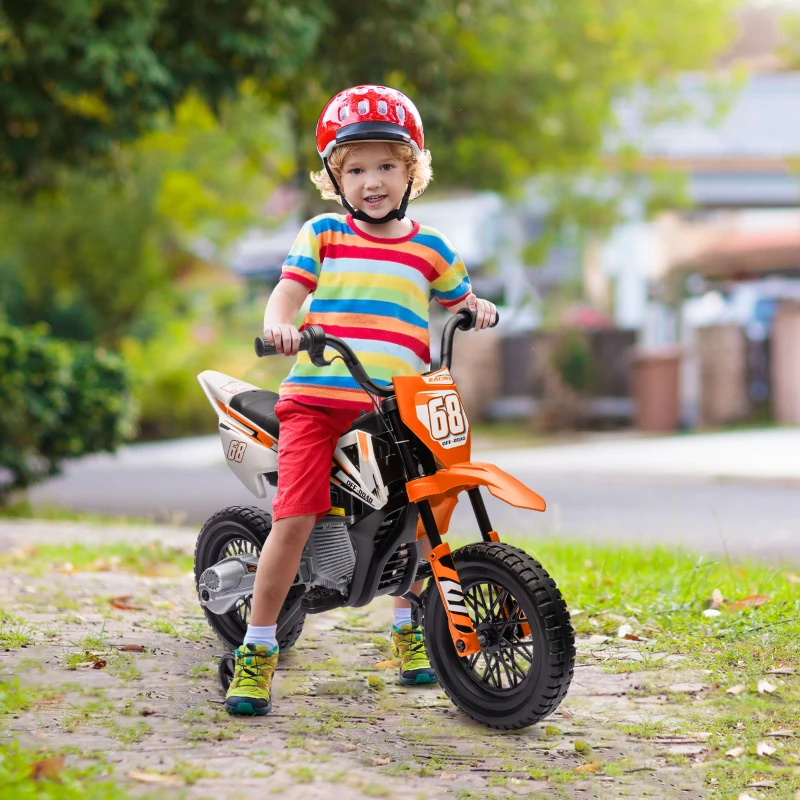 Qaba 12V Kids Electric Motorcycle w/ Twist Grip Throttle, Training Wheels, Rear Suspension & Music, Orange