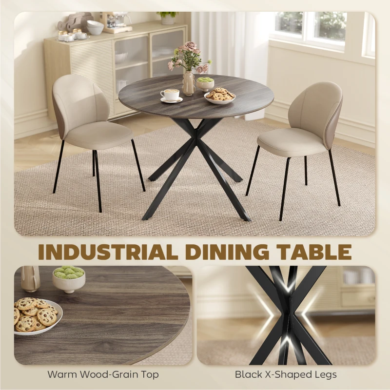 HOMCOM 40" Round Kitchen Table for 4, Industrial Dining Table with Steel Legs for Dining Room, Distressed Brown