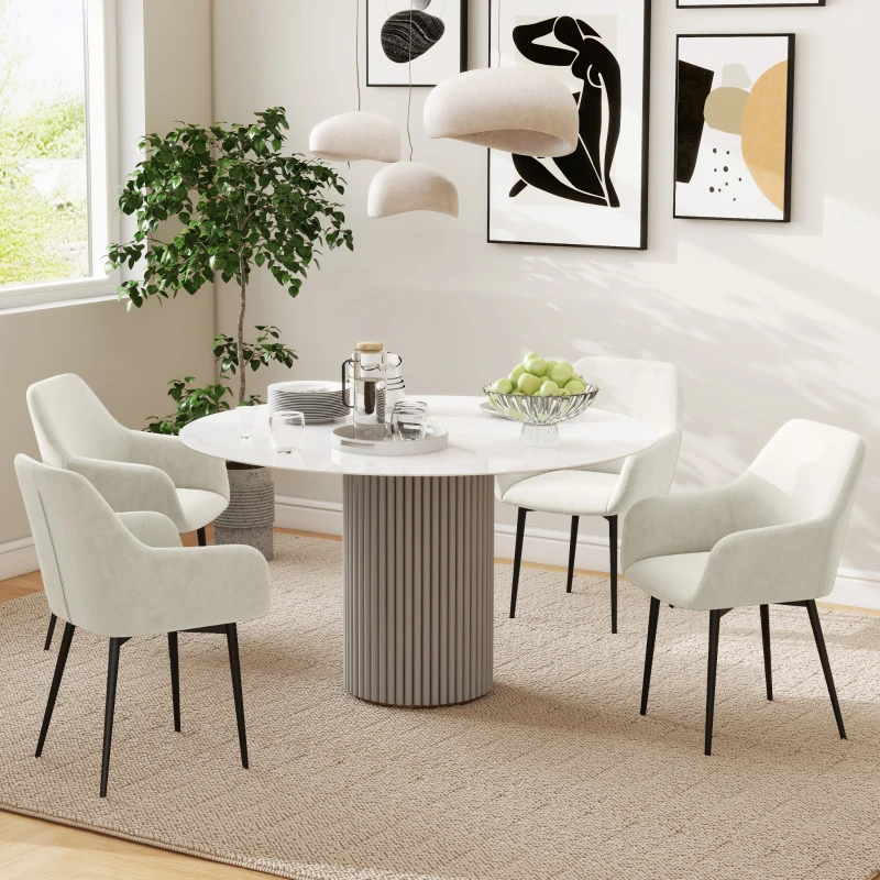 HOMCOM Dining Chairs Set of 2, Velvet-look Fabric Upholstered Kitchen Chairs with Backrest, Armrests and Steel Legs, Cream White