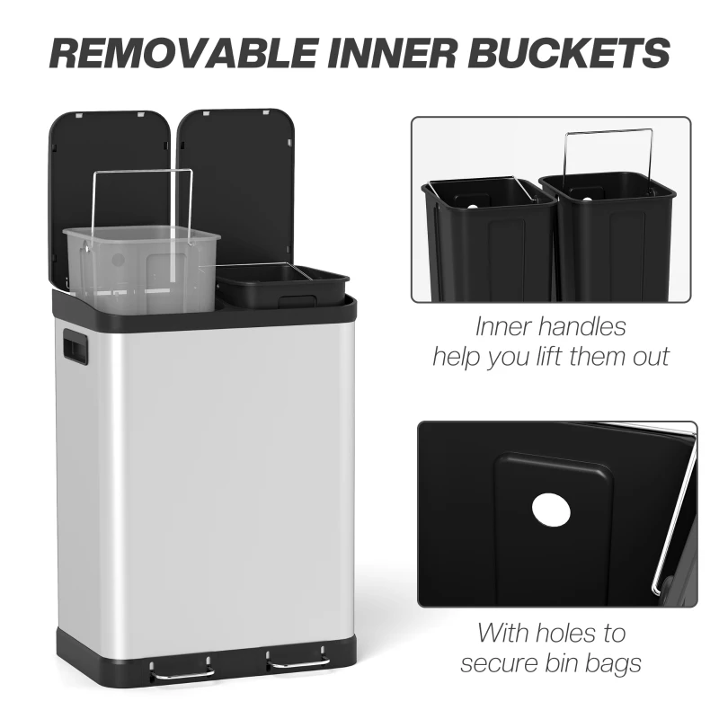 HOMCOM Kitchen Garbage Bin, 2 x 7.9 Gal (2 x 30 L) Trash Can, Soft-Close Garbage Can with Removable Inner Buckets, Silver
