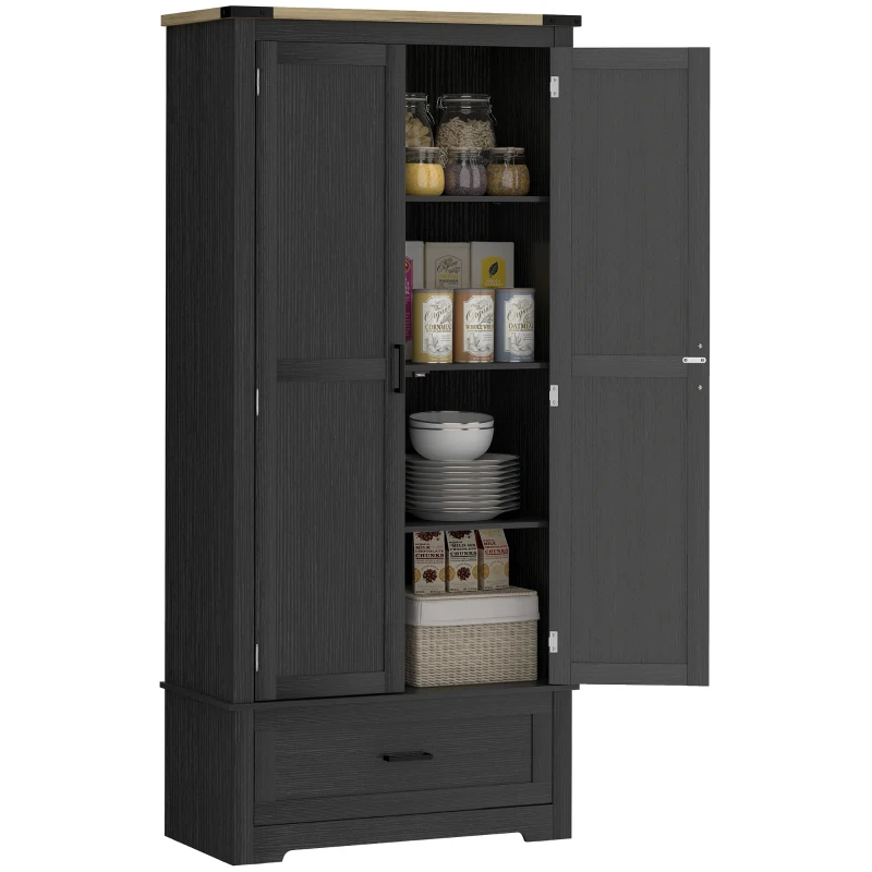 HOMCOM 69" Tall Farmhouse Kitchen Pantry Cabinet with 2 Doors, Drawer and Adjustable Shelves, Black and Brown