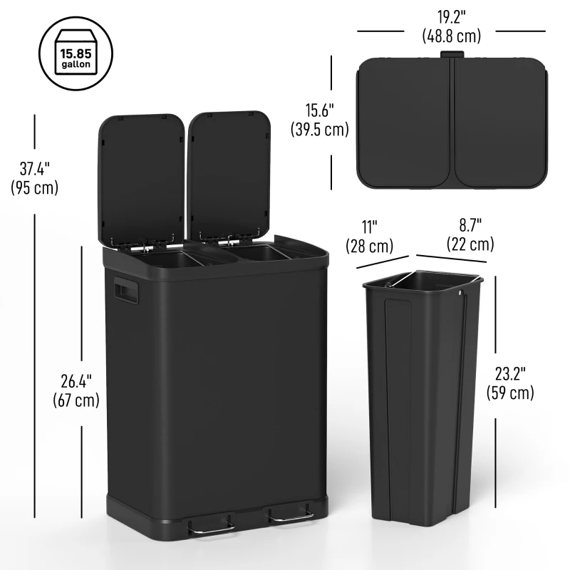 HOMCOM Kitchen Garbage Bin, 2 x 7.9 Gal (2 x 30 L) Trash Can, Soft-Close Garbage Can with Removable Inner Buckets, Black