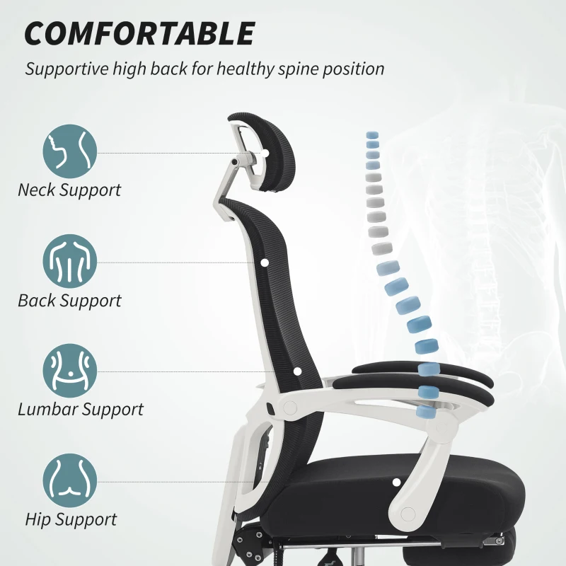 HOMCOM Ergonomic Office Chair, Mesh Reclining Desk Chair with Adjustable Lumbar Support, Headrest, Black