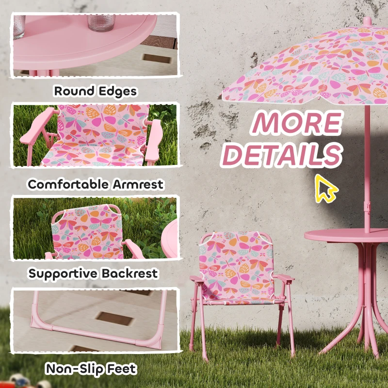 Qaba Kids Picnic Table and Chair Set, Outdoor Table with Foldable Chairs, Removable Umbrella, Pink