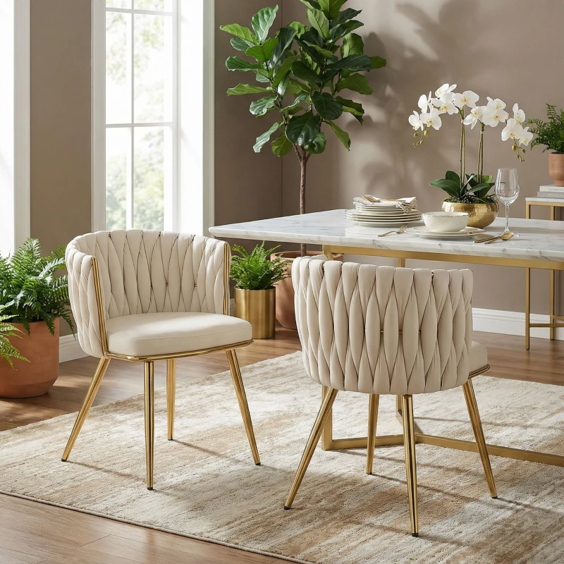 HOMCOM Modern Dining Chairs Set of 2, Velvet-Feel Upholstered Kitchen Chairs with Woven Backrest and Metal Legs, Cream White