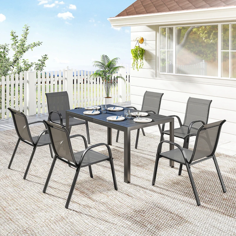 Outsunny 7 Pieces Outdoor Dining Set for 6, Patio Furniture Set with Rectangular Patio Table and Stackable Chairs, Light Grey