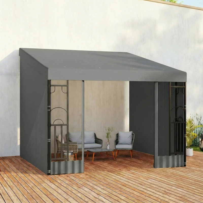 Outsunny 10' x 10' Wall Pergola, Outdoor Gazebo with 2 Curtains and 2 Nettings, UV Resistant, for Patio, Deck, Dark Grey