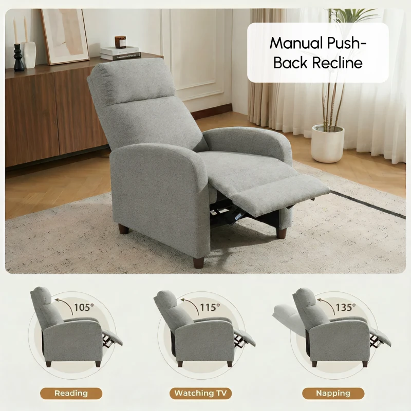 HOMCOM Manual Recliner Sofa Manual Home Theater Seating, Single Linen-Touch Sofa Armchair for Living Room, Light Grey