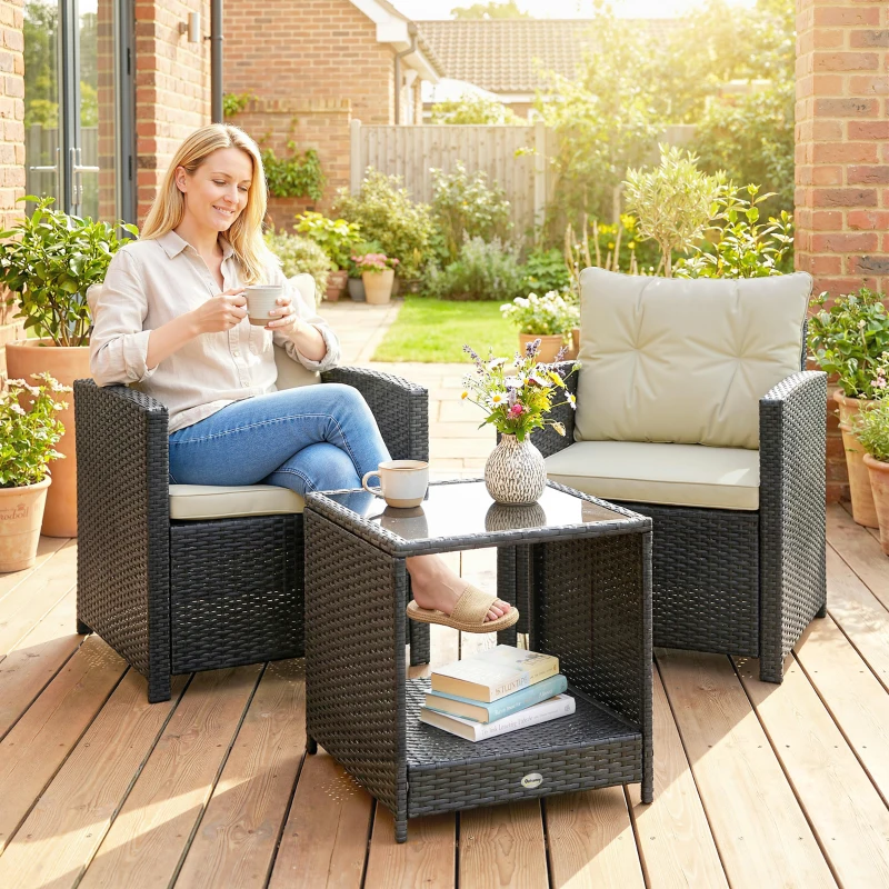 Outsunny Outdoor Bistro Set, 3 Piece Wicker Patio Furniture Set with 2-Tier Glass Top Table, Cushions for Porch, Balcony, Beige