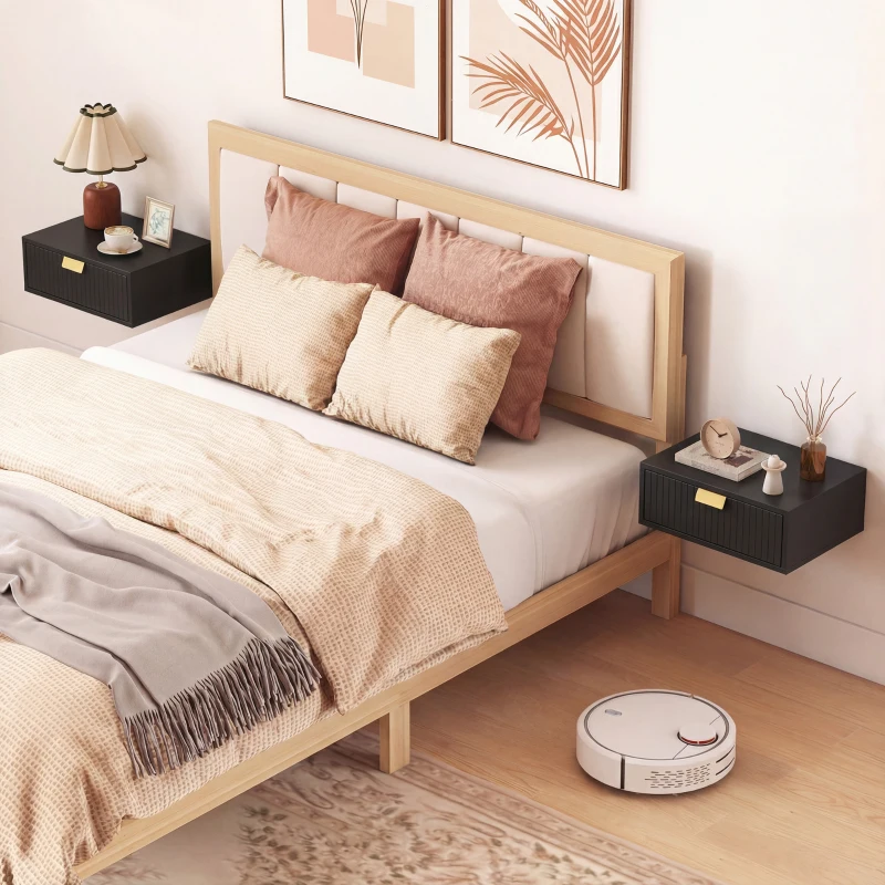 HOMCOM Modern Floating Nightstands Set of 2, Wall Mounted Bedside Tables with Wave Drawer Black