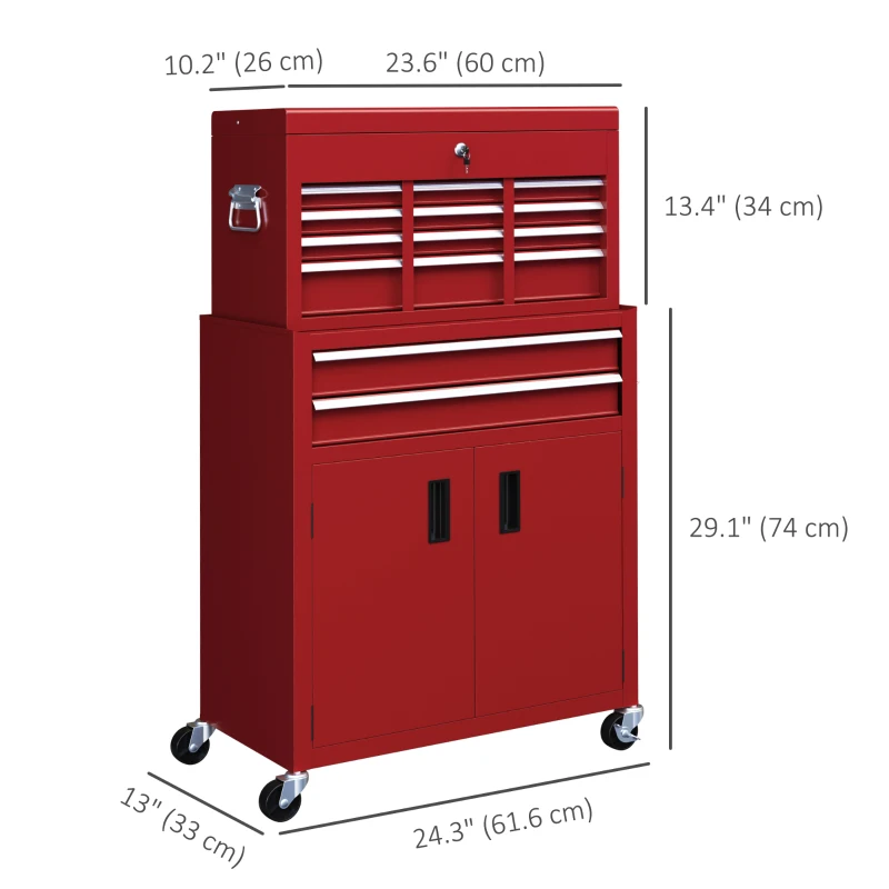 HOMCOM 6-Drawer Rolling Tool Chest, 2 in 1 Lockable Storage Cabinet with Hooks, Metal Tool Box for Garage, Workshop, Red