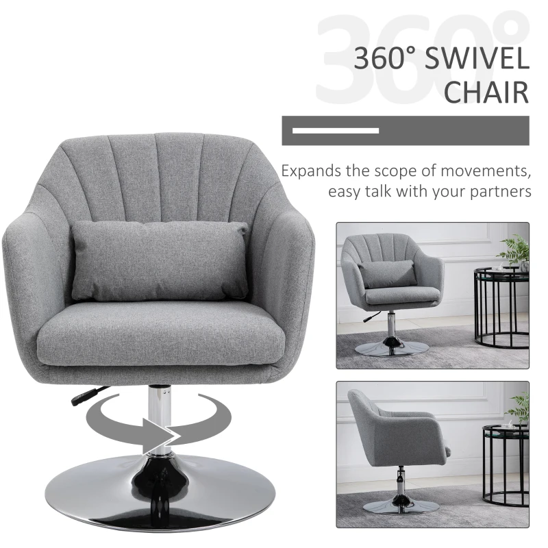 HOMCOM Leisure Chair with Metal Base, Modern Swivel Linen Midback Sofa Chair with Lumbar Support, for Living Room Bedroom Office, Grey