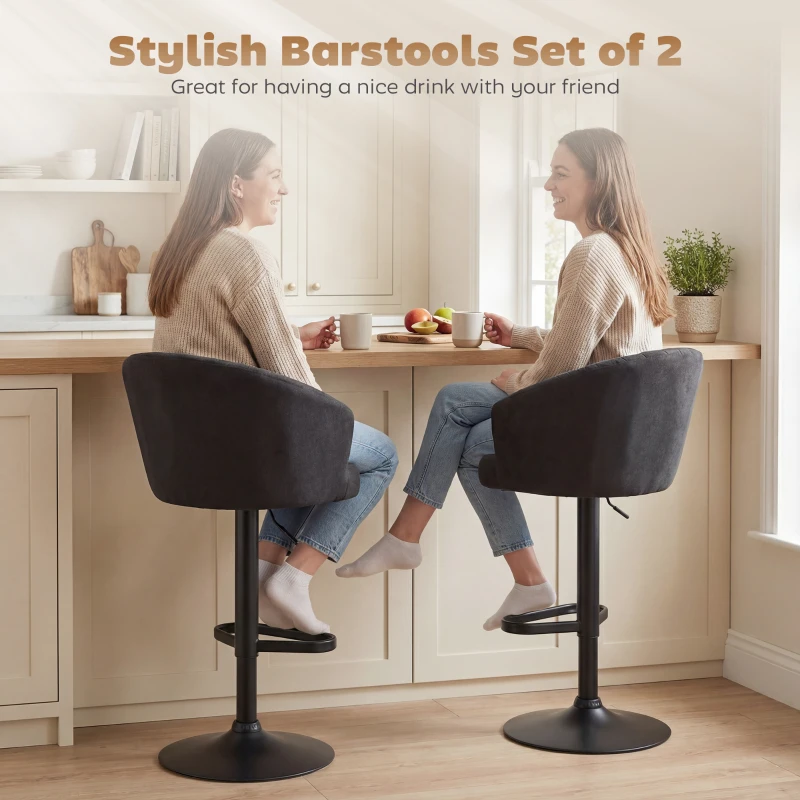 HOMCOM Adjustable Bar Stools Set of 2, Upholstered Kitchen Stools with Swivel Seat, Steel Frame, Footrest, ‎Black